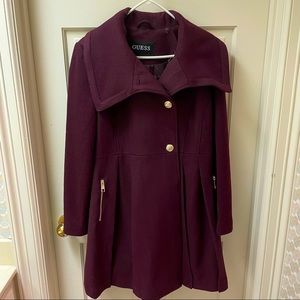 GUESS Wool Blend Flare Coat (Large)- Wine color